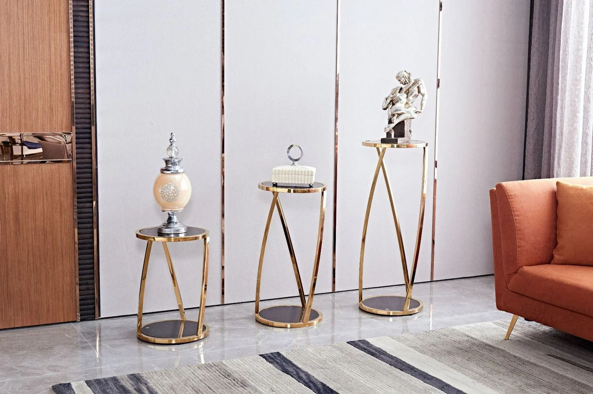 Luxus Beistelltisch Gold / Schwarz Ø 35 x H. 50 cm - Runder Edelstahl Blumentisch mit getönten Glasplatten - Wohnzimmer Möbel - Luxus Möbel