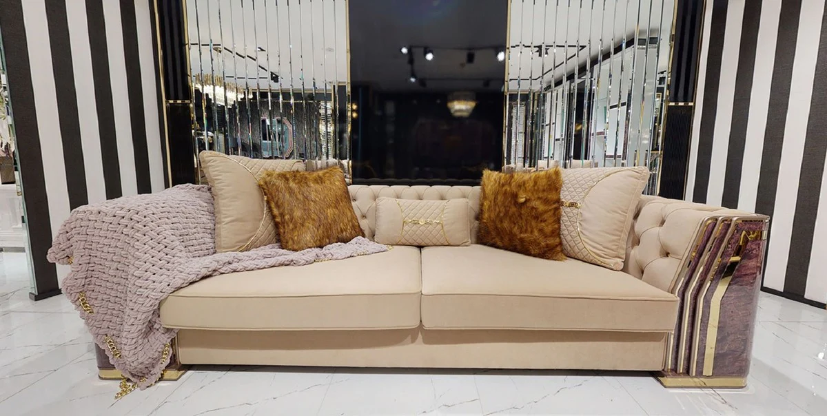 Luxus Art Deco Wohnzimmer Set Beige / Lila / Grau / Gold - 2 Sofas & 2 Sessel & 1 Couchtisch - Luxus Art Deco Wohnzimmer & Hotel Möbel