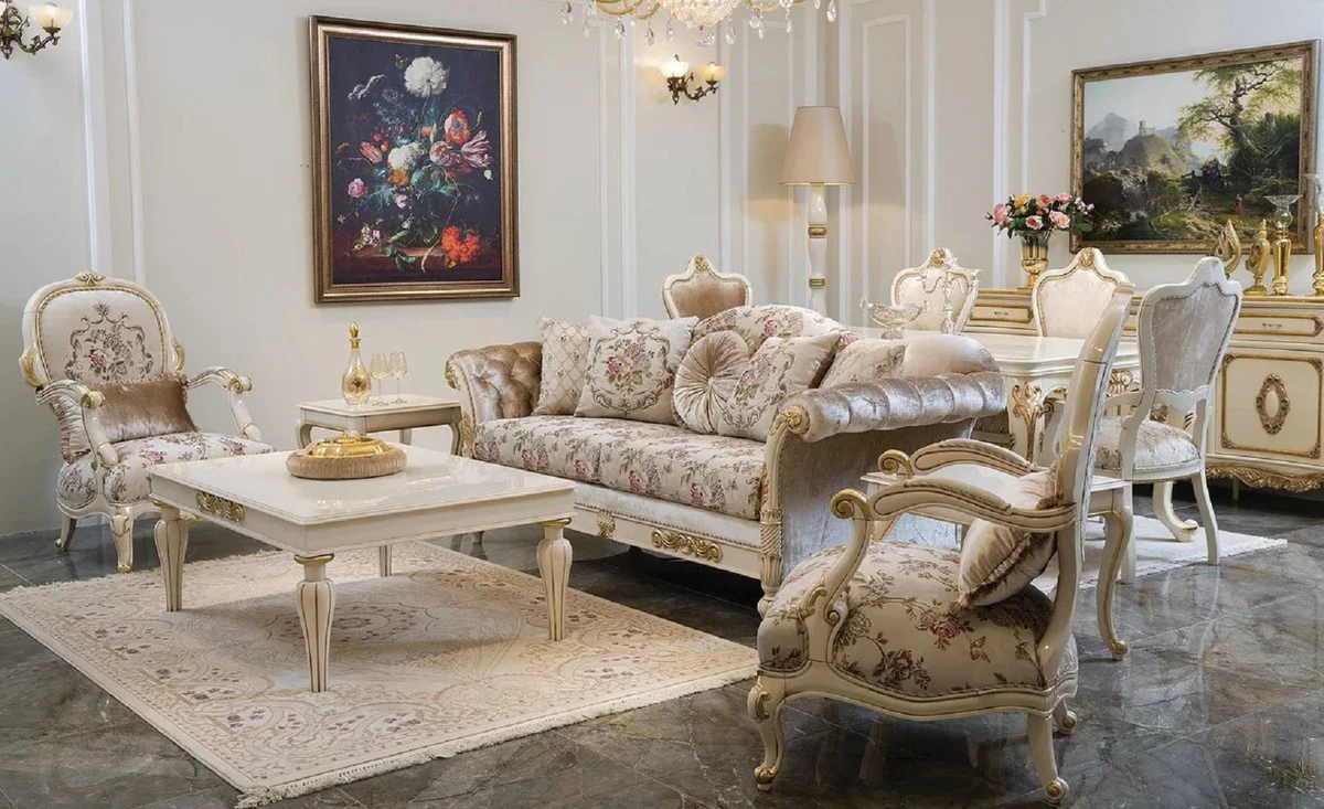 Luxus Barock Wohnzimmer Set Creme / Rosa / Weiß / Gold - 2 Sofas & 2 Sessel - Handgefertigte Wohnzimmer Möbel im Barockstil - Edel & Prunkvoll