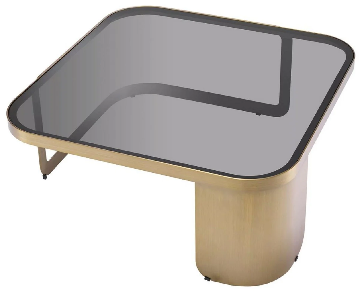 Luxus Couchtisch Messingfarben / Grau 90,5 x 90,5 x H. 38,5 cm - Edelstahl Wohnzimmertisch mit Glasplatte - Wohnzimmer Möbel - Luxus Möbel