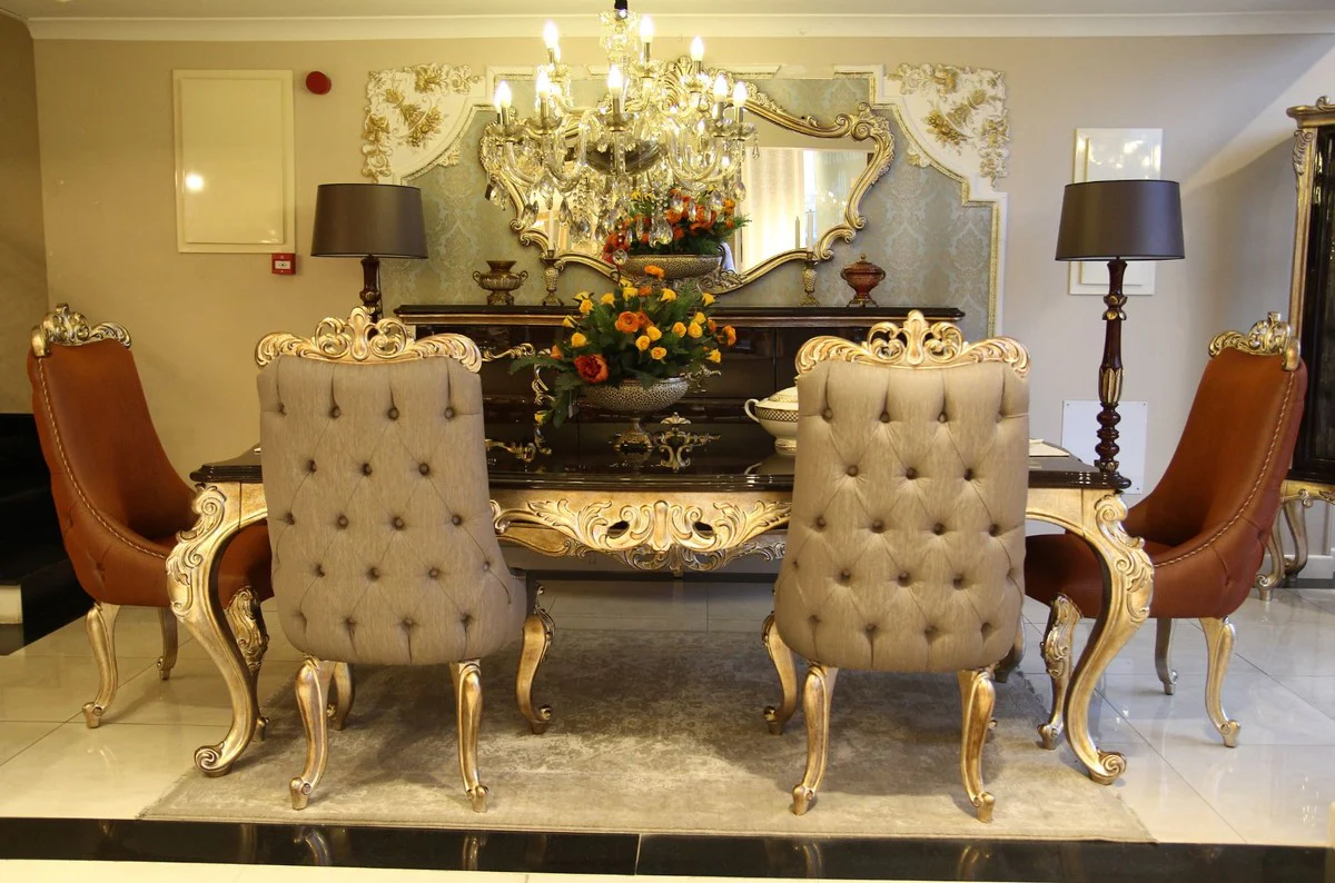 Luxus Barock Kommode mit Wandspiegel Dunkelbraun / Gold - Handgefertigter Massivholz Schrank mit elegantem Spiegel - Prunkvolle Möbel im Barockstil