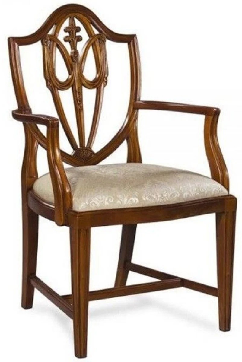 Luxus Art Deco Esszimmerstuhl mit Armlehnen Dunkelbraun / Gold 58,4 x 50,8 x H. 99,1 cm - Eleganter Massivholz Stuhl mit Muster - Art Deco Esszimmer Möbel