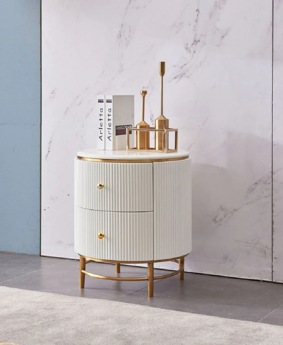 Luxus Beistelltisch Weiß / Messingfarben / Gold Ø 50 x H. 58 cm - Runder Nachttisch mit 2 Schubladen - Moderne Möbel