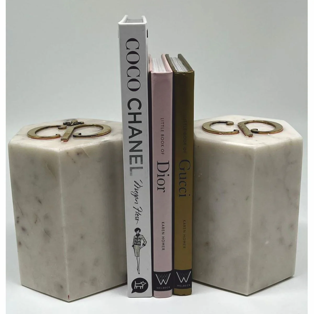 Luxus Marmor Deko Buchstützen Set Weiß / Gold