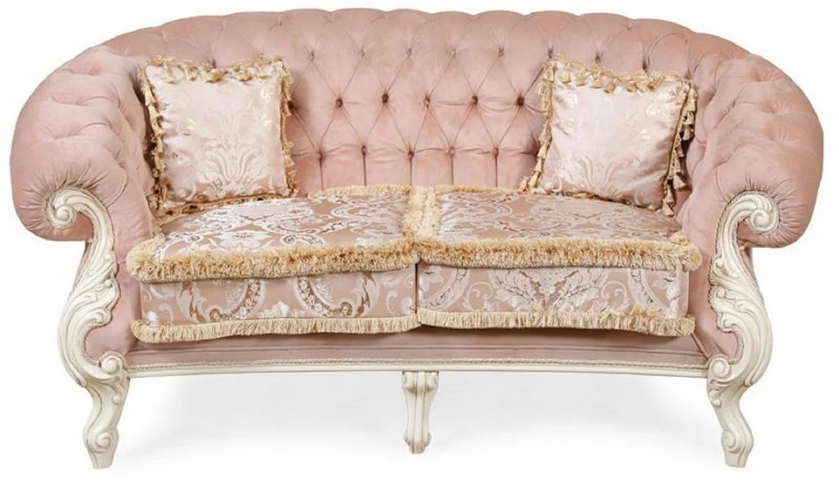 Luxus Barock Wohnzimmer Sofa Rosa / Cremeweiß - Handgefertigtes Barockstil Sofa - Prunkvolle Luxus Wohnzimmer Möbel im Barockstil - Barock Möbel