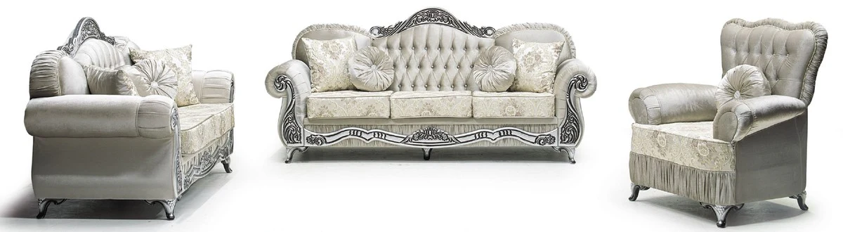 Luxus Barock Sofa Grau / Creme / Silber / Schwarz - Prunkvolles Wohnzimmer Sofa mit elegantem Muster und Glitzersteinen - Luxus Wohnzimmer Möbel im Barockstil - Barock Möbel