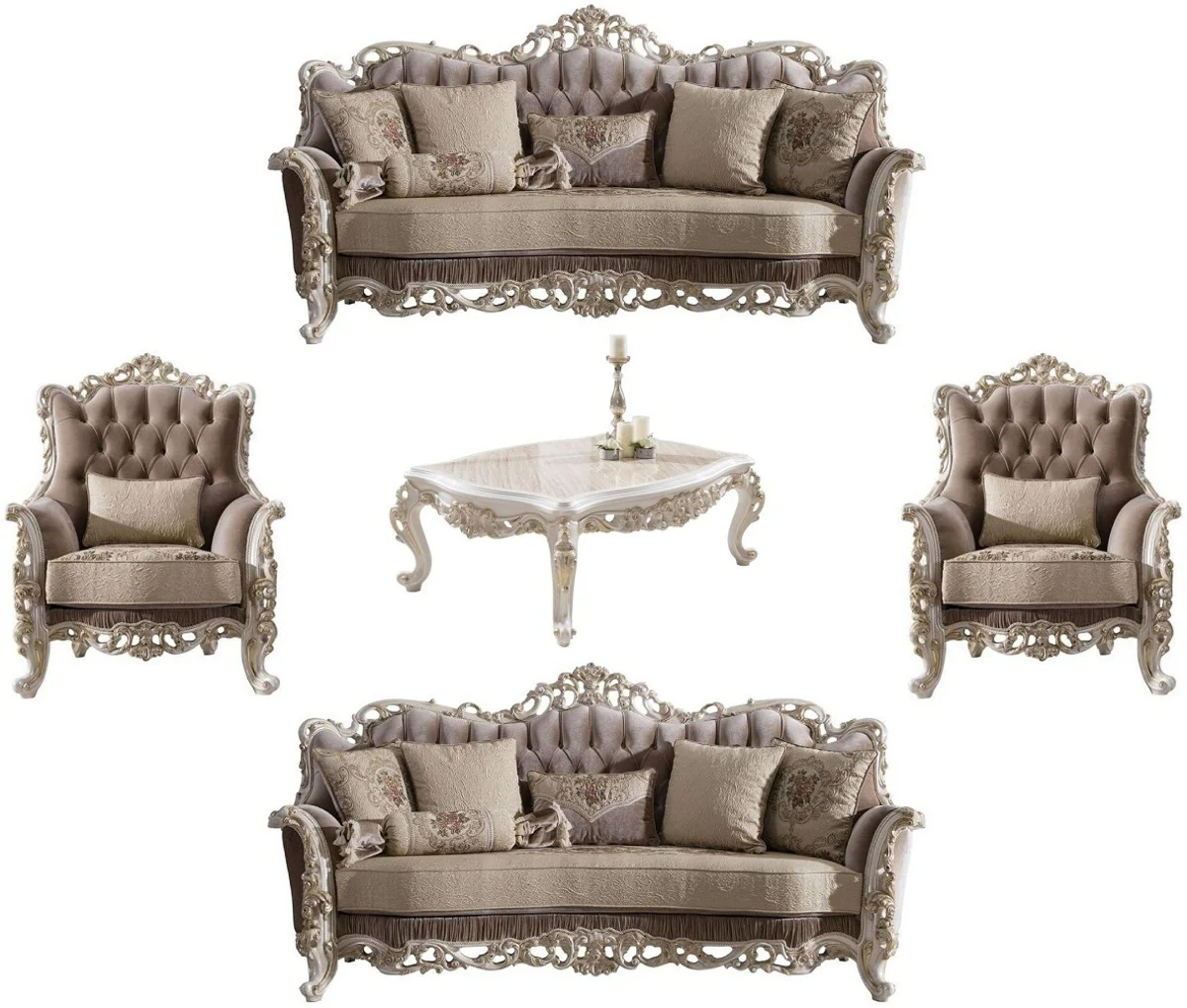 Luxus Barock Wohnzimmer Set Braun / Beige / Weiß / Gold - 2 Sofas & 2 Sessel & 1 Couchtisch - Edle Barock Wohnzimmer Möbel