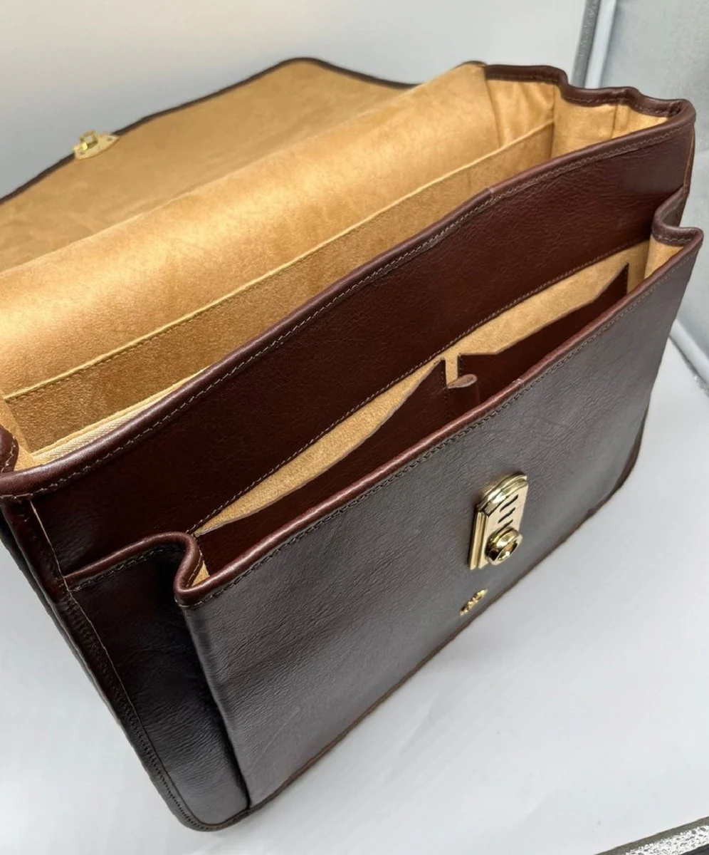 Luxus Echtleder Herren Aktentasche Dunkelbraun / Gold 42 cm - Made in Italy