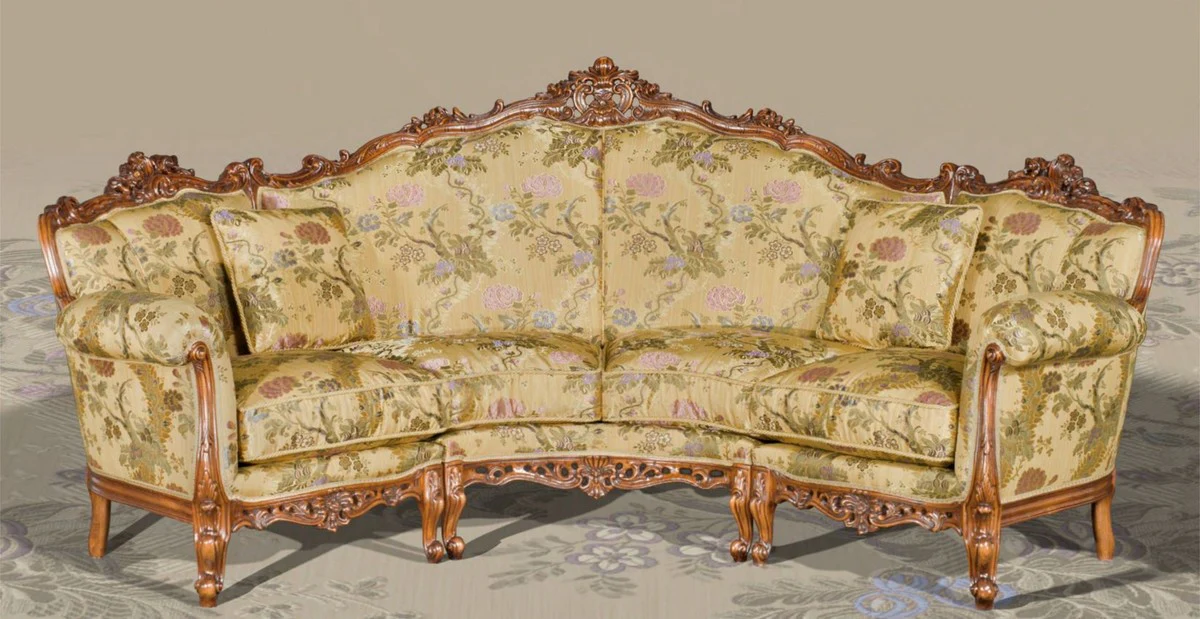 Luxus Barock Sofa Beige / Mehrfarbig / Braun - Gebogenes Wohnzimmer Sofa mit elegantem Blumenmuster - Barock Wohnzimmer & Hotel Möbel - Luxus Qualität - Made in Italy