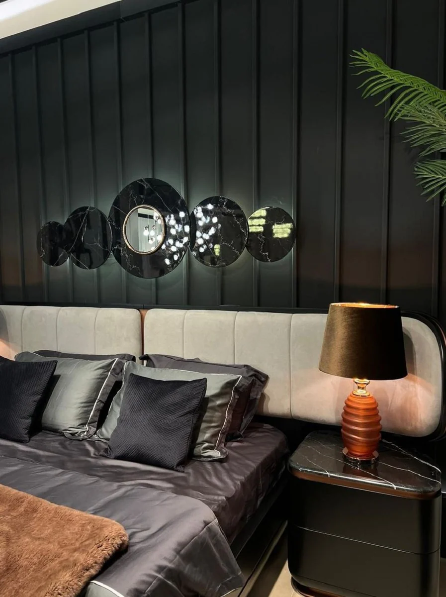 Luxus Schlafzimmer Set Grau / Schwarz / Kupfer - 1 Doppelbett mit Kopfteil & 2 Nachtkommoden - Luxus Schlafzimmer Möbel - Luxus Schlafzimmer Einrichtung