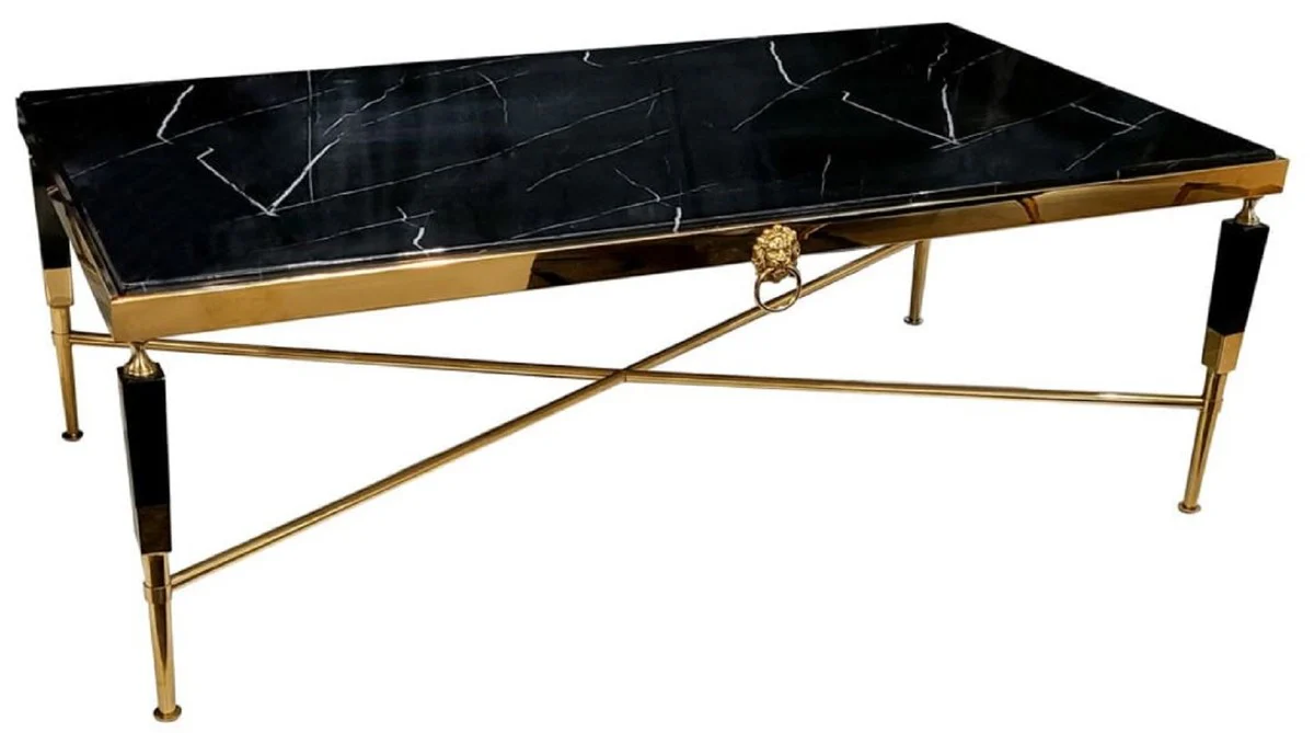 Luxus Couchtisch Schwarz / Gold 130 x 70 x H. 45 cm - Wohnzimmertisch mit Kunstmarmor Tischplatte - Luxus Wohnzimmer Möbel - Hotel Möbel - Luxus Einrichtung - Hotel Einrichtung