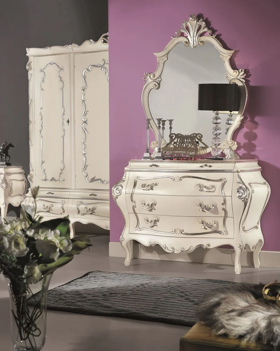 Luxus Barock Kommode Creme / Silber - Handgefertigte Massivholz Kommode mit 5 Schubladen - Luxus Schlafzimmer Möbel im Barockstil - Barock Möbel - Luxus Qualität - Made in Italy