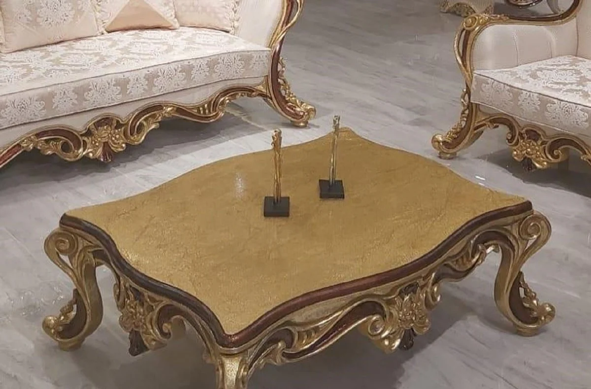 Luxus Barock Couchtisch Gold / Braun - Eleganter Massivholz Wohnzimmertisch im Barockstil - Barock Wohnzimmer Möbel - Edel & Prunkvoll