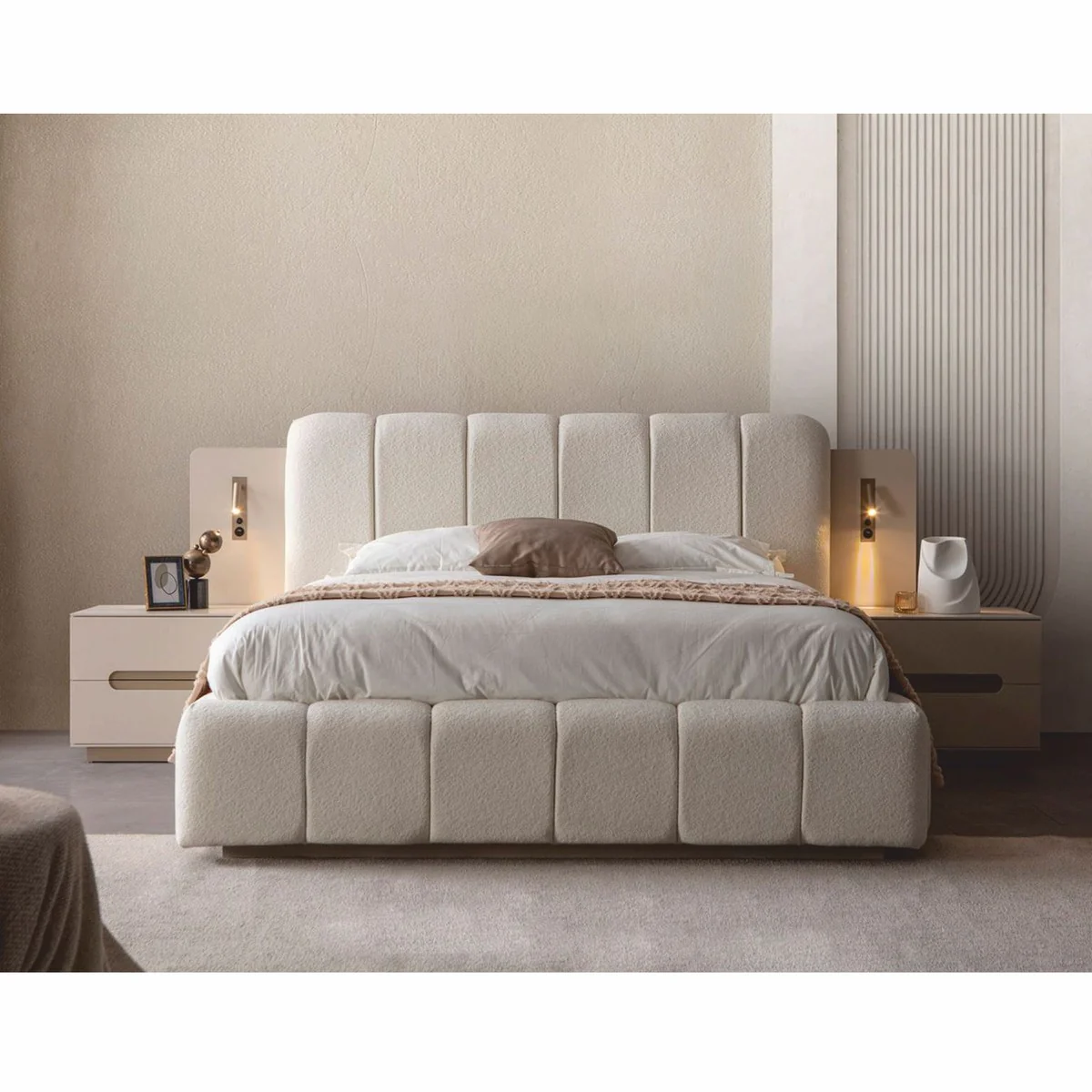 Luxus Schlafzimmer Set Weiß / Grau - 1 Doppelbett & 2 Nachttische