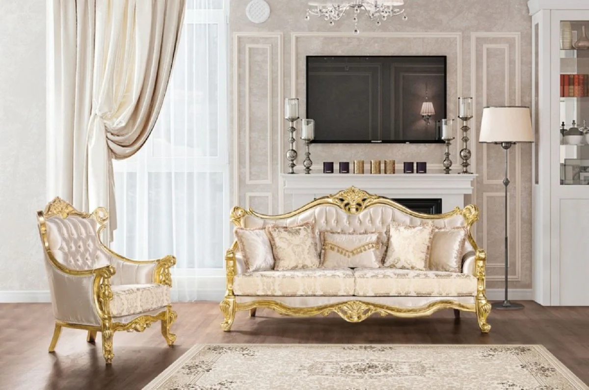 Luxus Barock Sofa Beige / Gold - Prunkvolles Wohnzimmer Sofa mit Muster - Barock Wohnzimmer Möbel - Edel & Prunkvoll