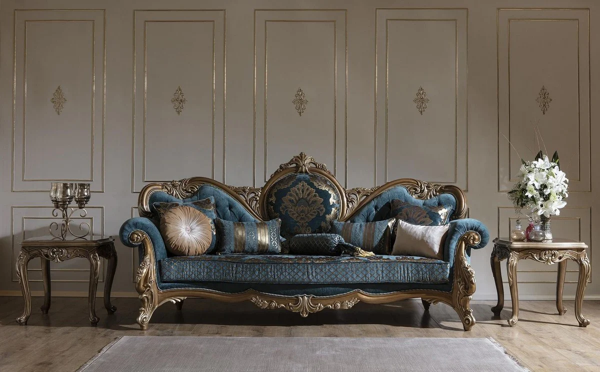 Luxus Barock Wohnzimmer Set Blau / Gold - 2 Sofas & 2 Sessel & 1 Couchtisch - Prunkvolle Wohnzimmer Möbel im Barockstil