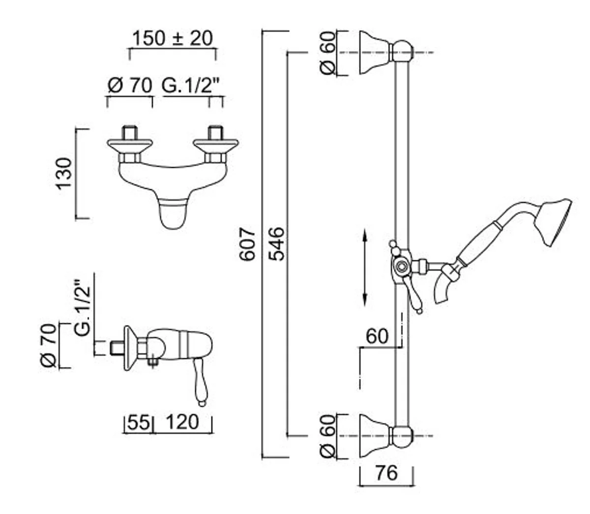 Luxus Badezimmer Duschgarnitur Aufputz-Einhebelbrausebatterie Silber / Weiß - Dusch Brauseset mit Brausestange