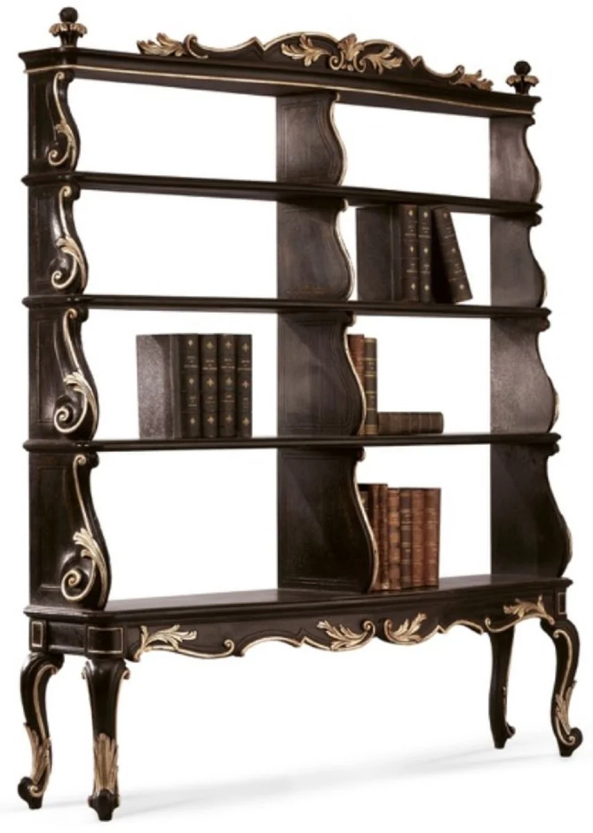 Luxus Barock Bücherschrank Schwarz / Silber - Handgefertigter Barock Schrank - Barock Regalschrank - Barock Wohnzimmer Möbel - Barock Büro Möbel - Luxus Qualität - Made in Italy