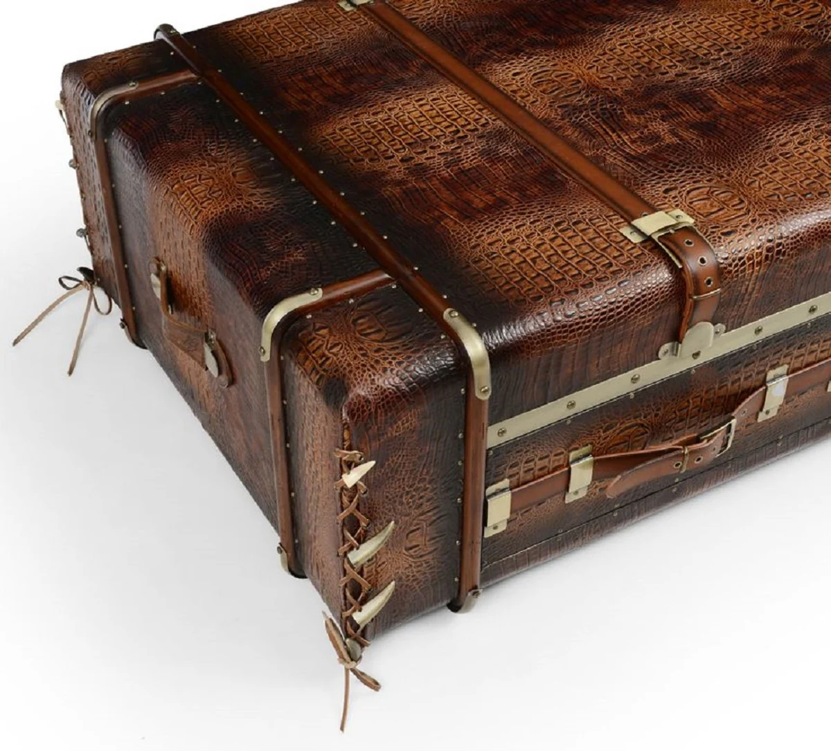 Luxus Couchtisch in Koffer Optik Braun / Schwarz / Messing 140 x 85 x H. 43 cm - Koffer Wohnzimmertisch mit 2 Schubladen - Wohnzimmer Möbel - Luxus Möbel in Koffer Optik