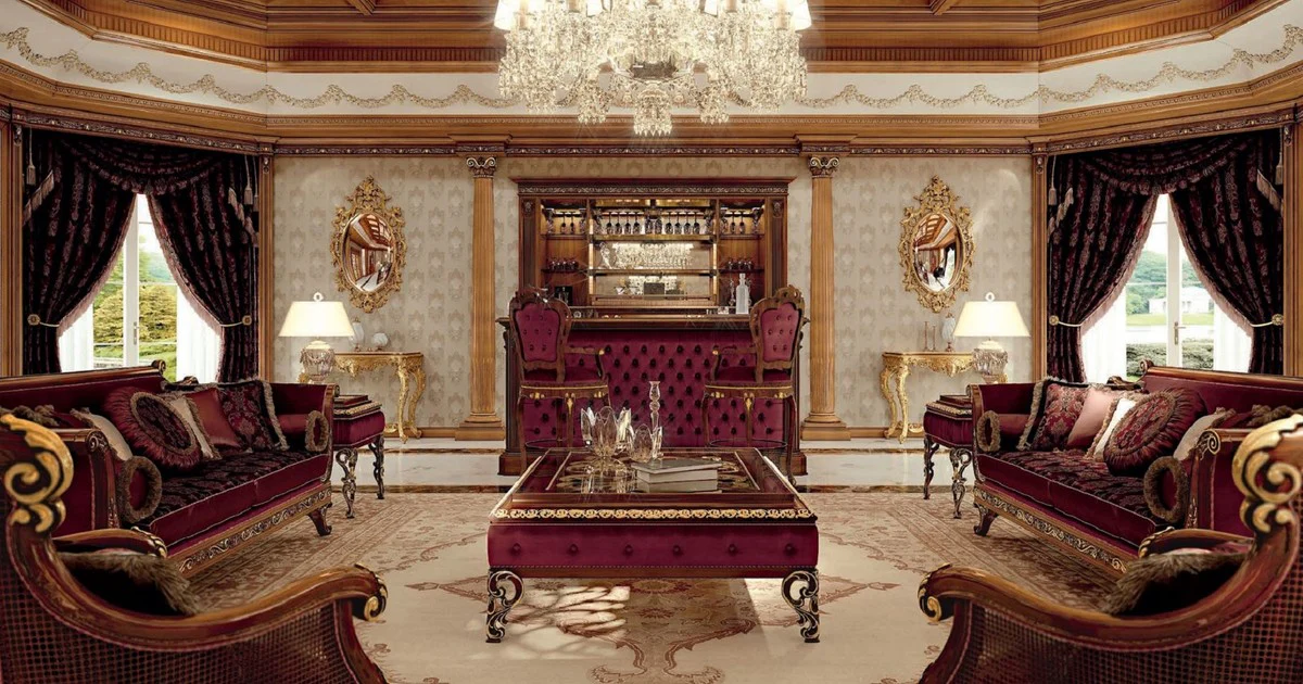 Luxus Barock Sofa Lila / Braun / Gold - Barockstil Wohnzimmer Sofa mit elegantem Muster - Barock Möbel - Barock Wohnzimmer & Hotel Möbel - Luxus Qualität - Made in Italy