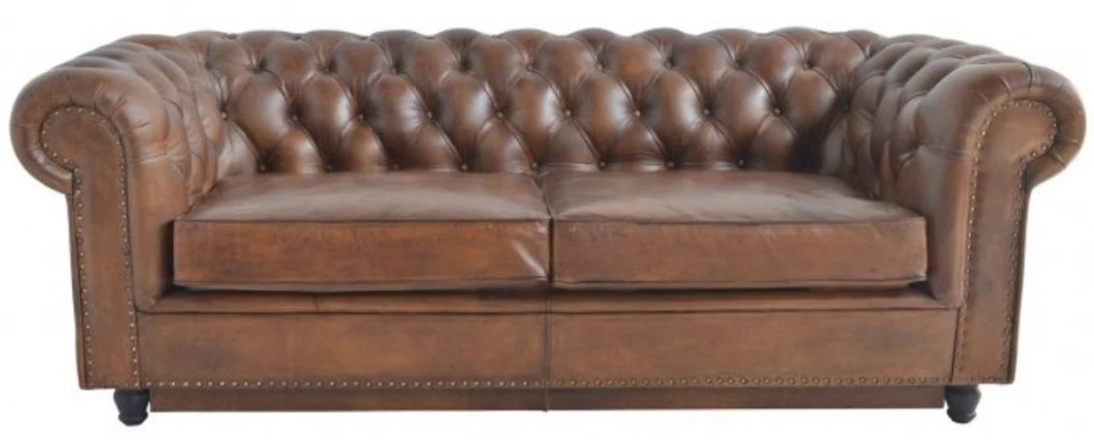 Luxus Chesterfield Leder Schlafsofa Braun 240 x 102-220 x H. 76 cm - Echtleder Wohnzimmer Sofa - Echtleder Wohnzimmer Möbel - Luxus Leder Möbel