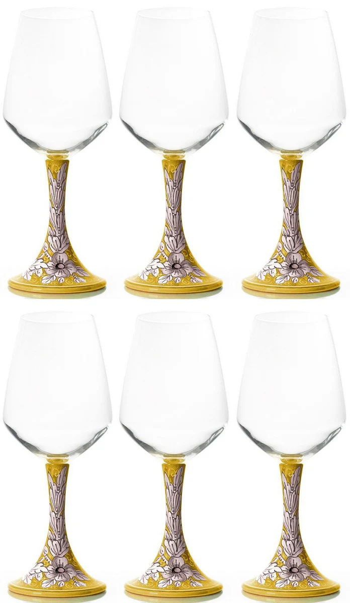 Luxus Keramik Weinglas 6er Set Gelb / Mehrfarbig H. 23,5 cm - Handgefertigte & handbemalte Weingläser - Hotel & Restaurant Accessoires - Luxus Qualität - Made in Italy