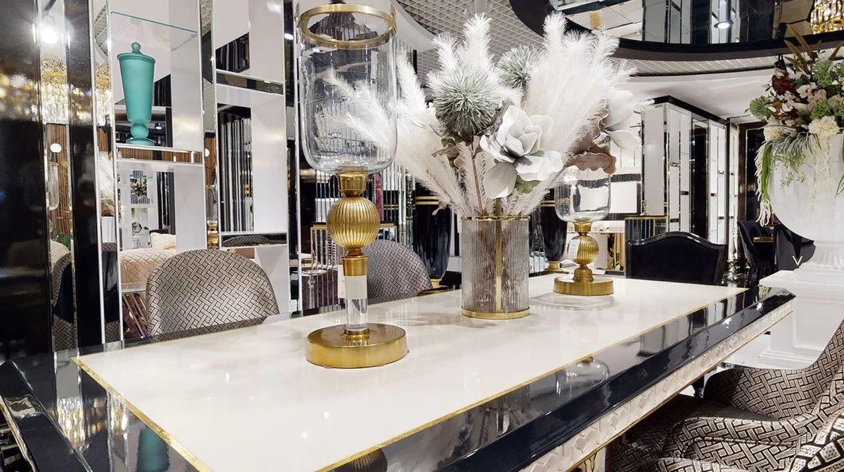 Luxus Art Deco Esstisch Weiß / Schwarz / Gold - Art Deco Esszimmer Tisch - Art Deco Esszimmer Möbel - Luxus Qualität