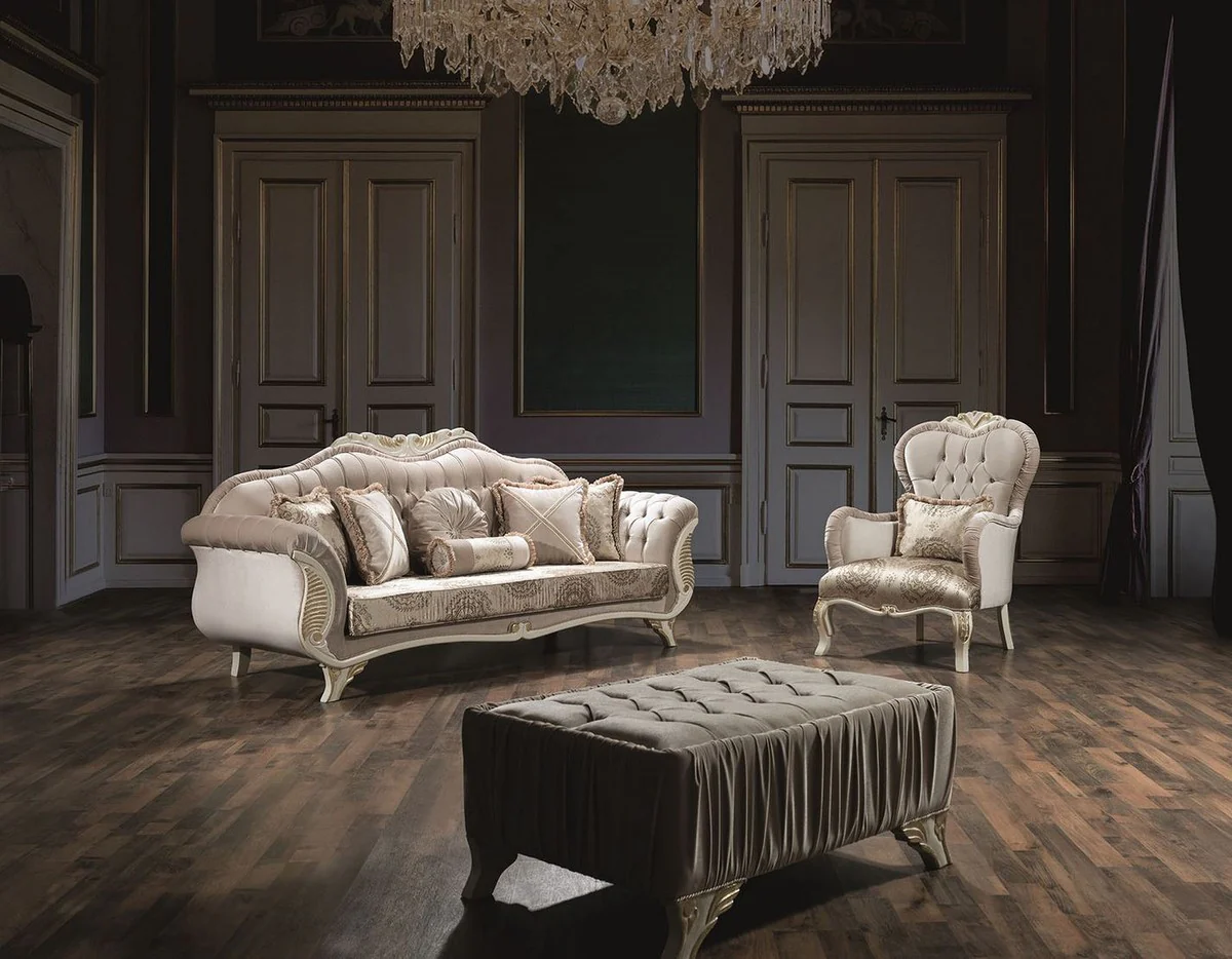 Luxus Barock Couchtisch Grau / Creme / Gold 100 x 80 x H. 45 cm - Wohnzimmertisch mit Glitzersteinen - Wohnzimmer Möbel im Barockstil