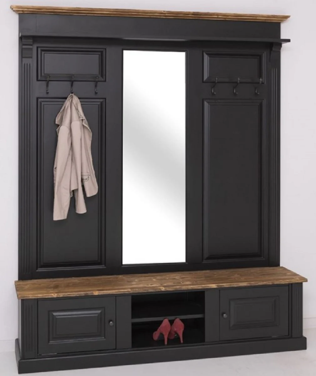 Landhausstil Garderobe Schwarz / Braun 180 x 41 x H. 210 cm - Massivholz Garderobenschrank mit Spiegel - Landhausstil Garderobenmöbel