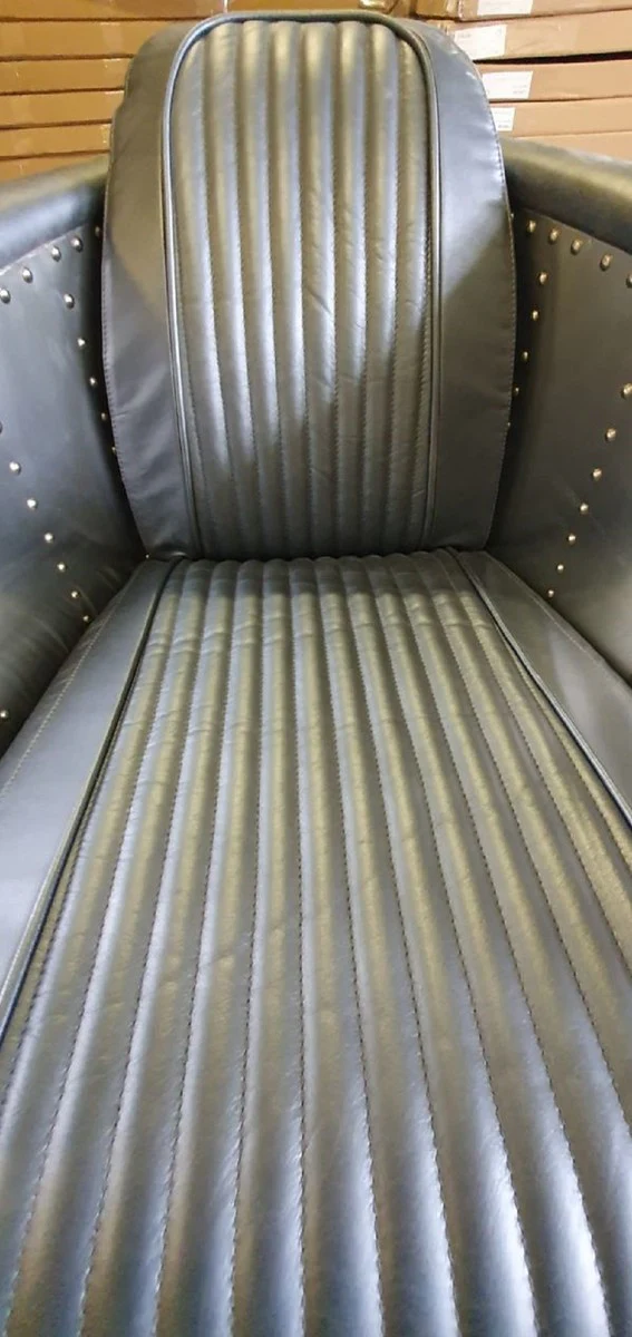 Luxus Art Deco Leder Sessel Grau / Silber 69 x 70 x H. 82 cm - Aluminium Wohnzimmer Sessel mit hochwertigem Echtleder - Flugzeug Flieger Echtleder Möbel - Luxus Möbel