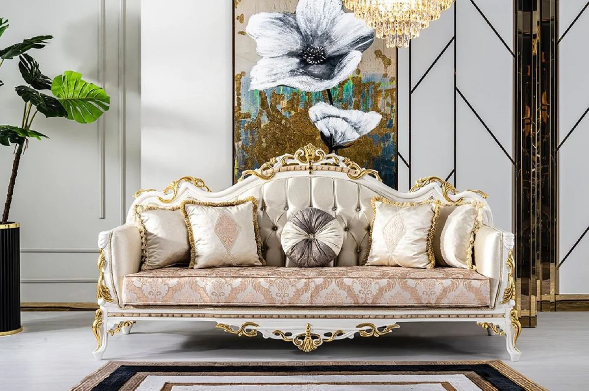 Luxus Barock Sofa Gold / Silber / Braun / Weiß / Gold - Prunkvolles Wohnzimmer Sofa mit Glitzersteinen - Barockstil Wohnzimmer Möbel - Luxus Möbel im Barockstil - Barock Einrichtung