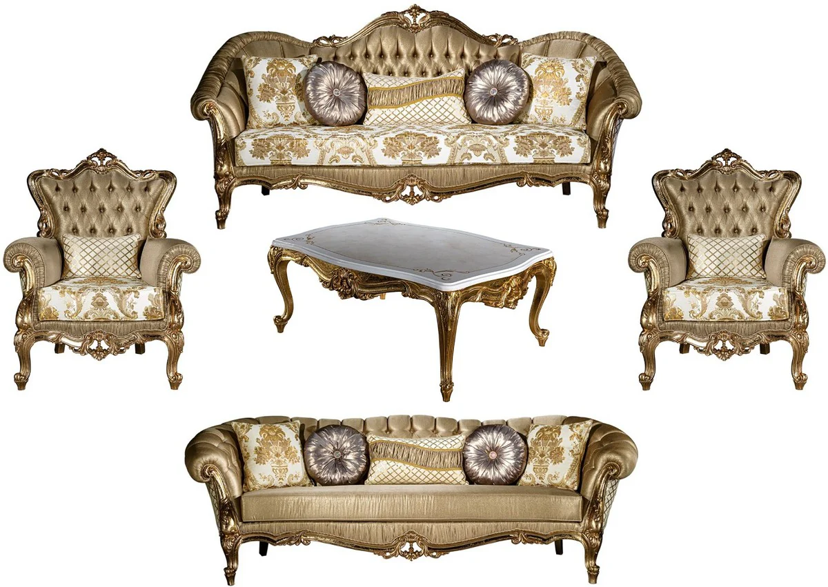Luxus Barock Wohnzimmer Set Gold / Weiß - 2 Sofas & 2 Sessel & 1 Couchtisch - Wohnzimmer Möbel im Barockstil - Edel & Prunkvoll