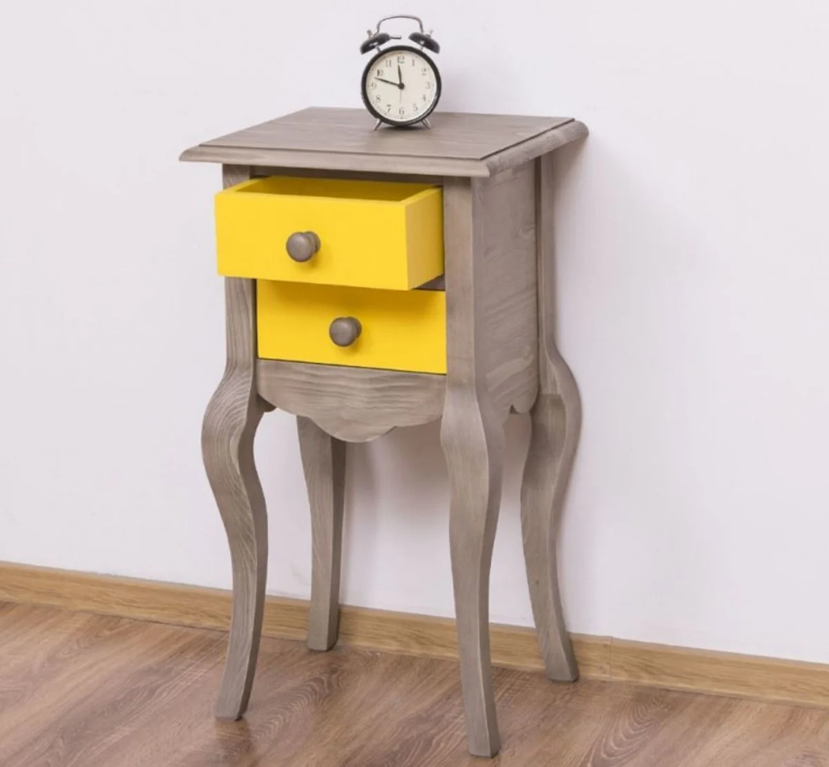 Landhausstil Beistelltisch Hellgrau / Gelb 40 x 34 x H. 70 cm - Massivholz Nachttisch - Kleine Schlafzimmer Kommode mit 2 Schubladen - Landhausstil Möbel