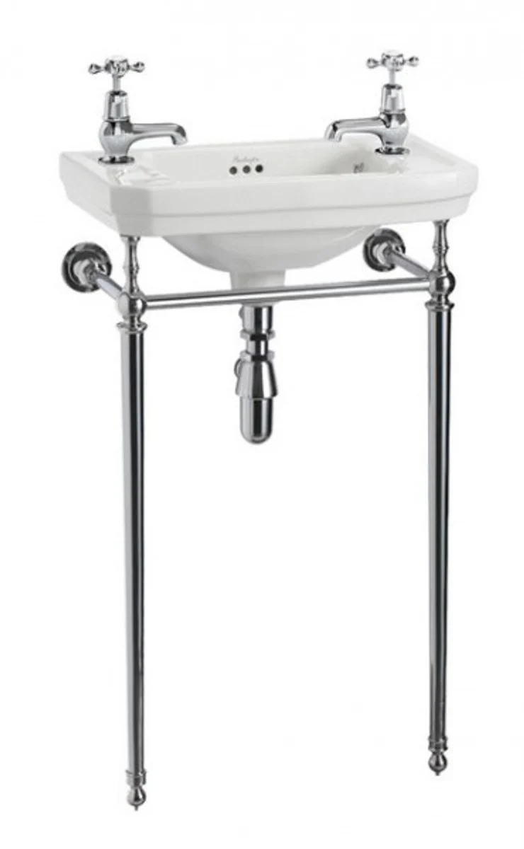 Jugendstil Stand Gäste WC Waschtisch Weiß / Chrom B 51cm mit 2 Hahnlöchern Mod2 - Art Deco Waschbecken Barock Antik Stil