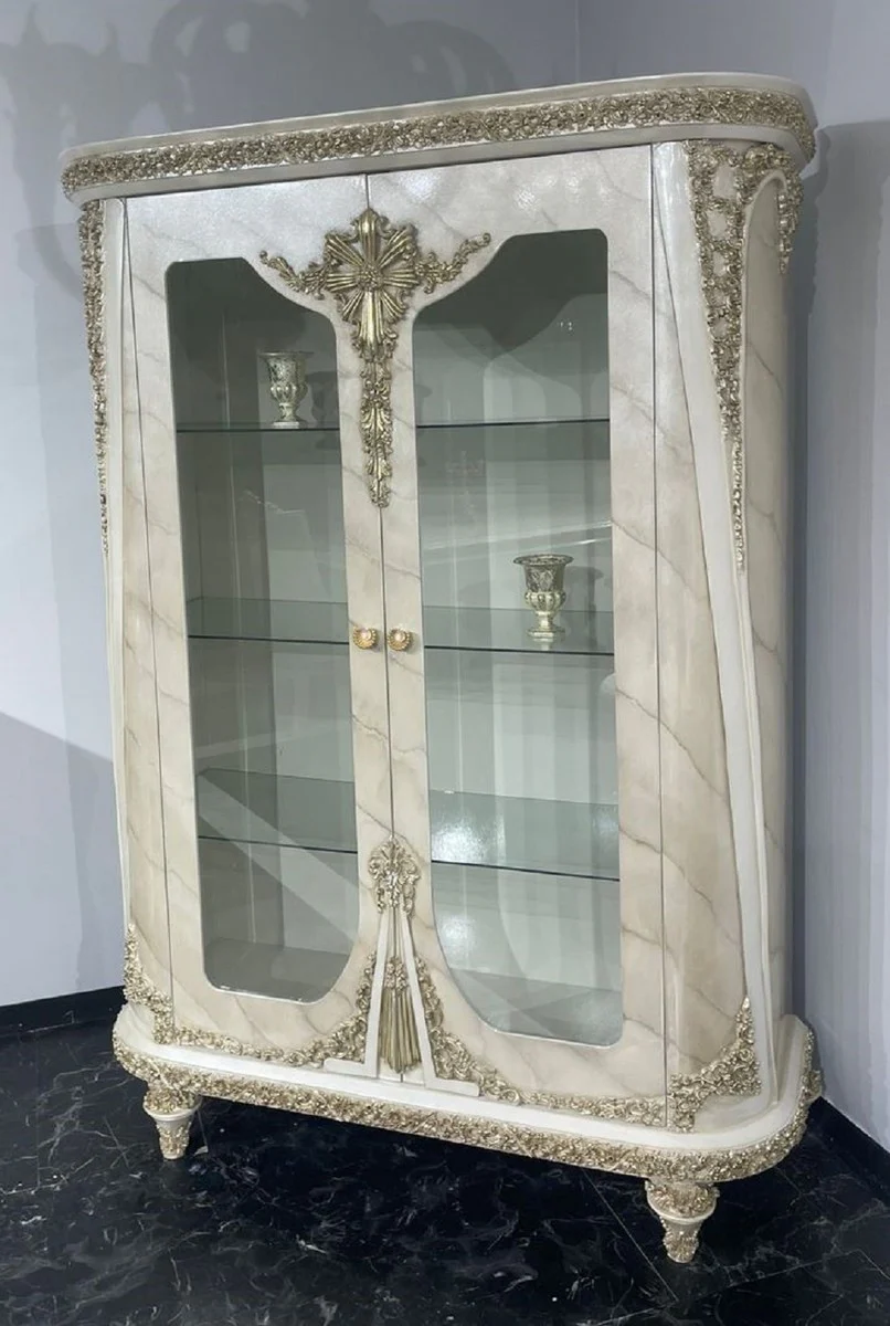 Luxus Barock Vitrine Beige / Grau / Gold - Prunkvoller Massivholz Vitrinenschrank mit 2 Glastüren - Luxus Möbel im Barockstil - Barock Möbel - Edel & Prunkvoll