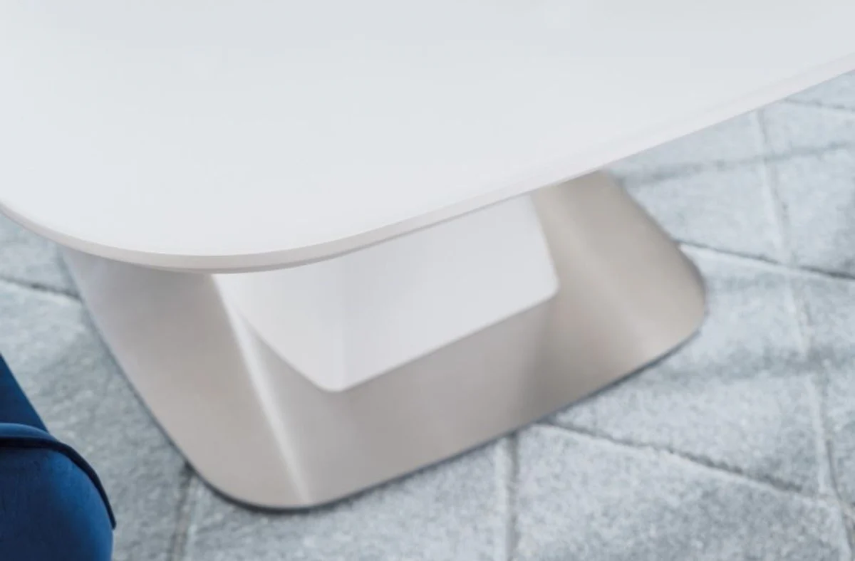 Luxus Esstisch Matt Weiß / Silber 120-160 x 120 x H. 76 cm - Moderner ausziehbarer Esszimmertisch mit gehärteter Glasplatte - Esszimmer Möbel