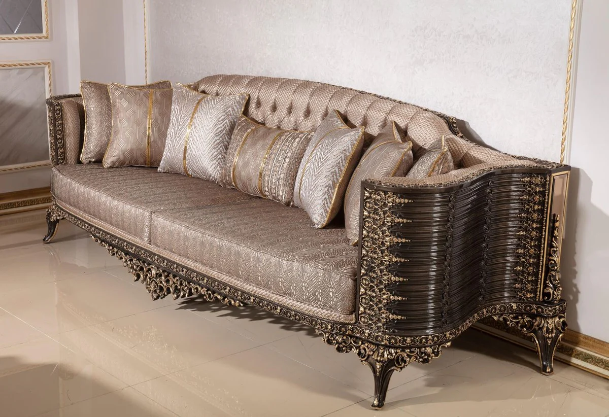 Luxus Barock Sofa Grau / Dunkelbraun / Gold 282 cm