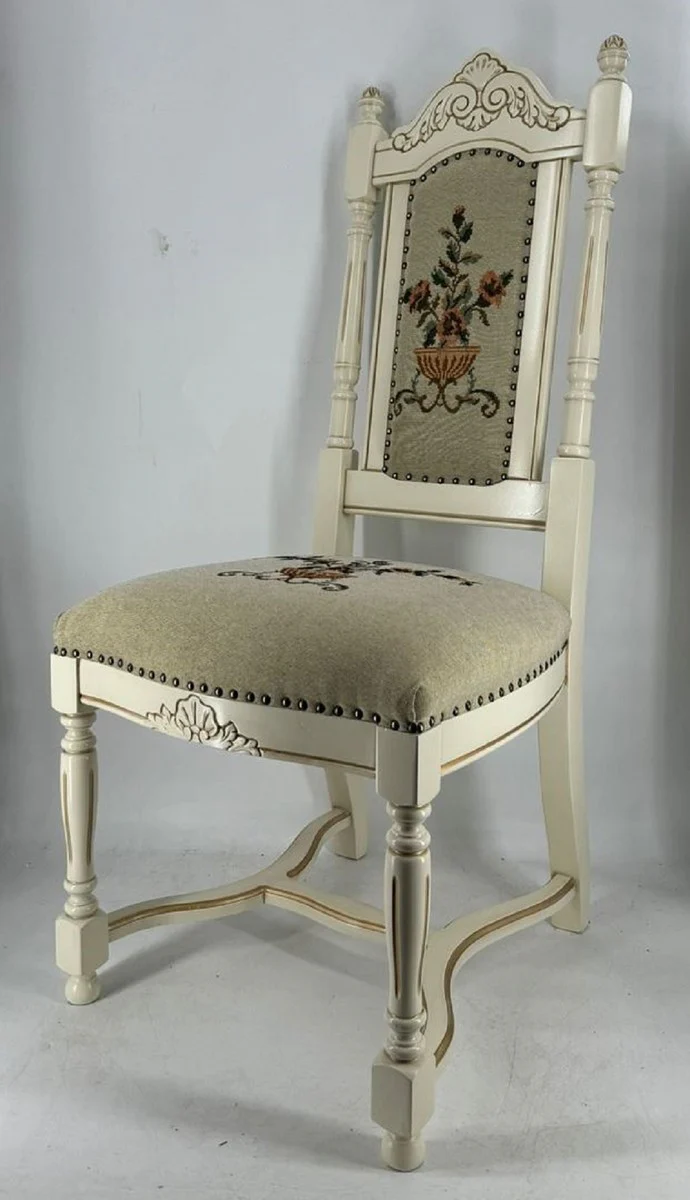 Luxus Barock Esszimmer Stuhl Grau / Creme / Gold - Barock Esszimmer Möbel