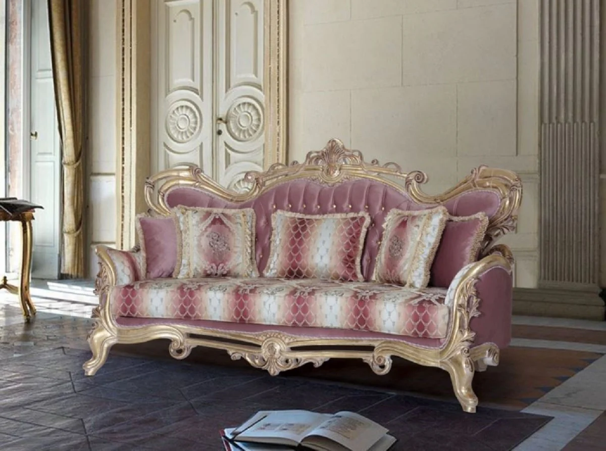Luxus Barock Sofa Rosa / Weiß / Gold - Handgefertigtes Barockstil Wohnzimmer Sofa mit elegantem Muster - Barock Wohnzimmer Möbel