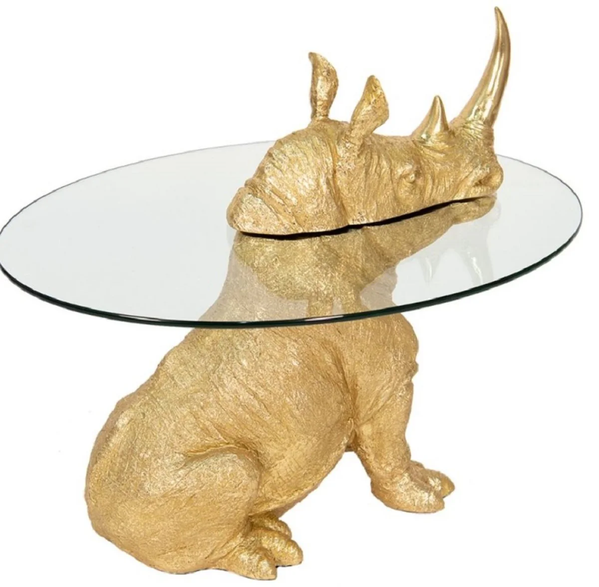Luxus Beistelltisch Nashorn Gold Ø 65 x H. 55 cm - Runder Kunstharz Tisch mit Glasplatte - Wohnzimmer Möbel - Luxus Möbel - Luxus Einrichtung - Wohnzimmer Einrichtung