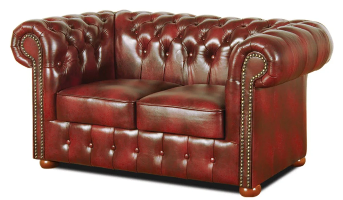 Chesterfield Wohnzimmer 3er Set Weinrot - Luxus Echtleder Möbel