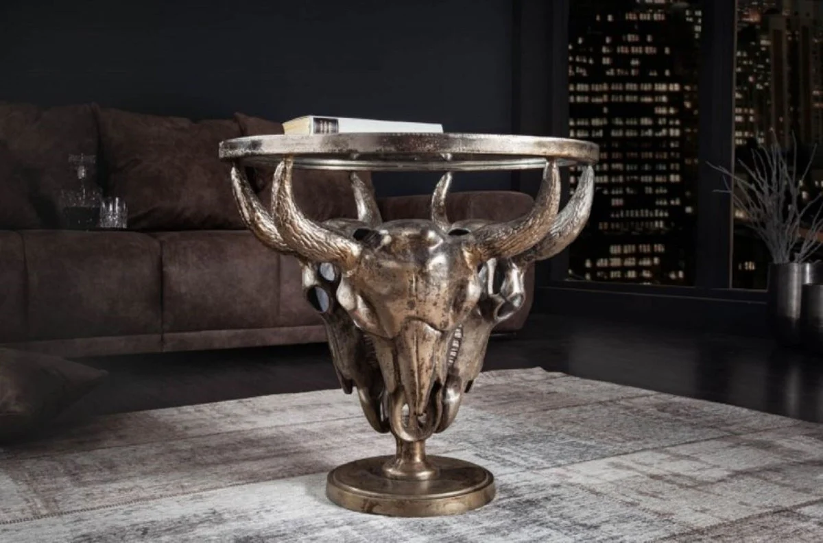 Designer Couchtisch Antik Bronze Ø 56 x H. 53 cm - Runder Wohnzimmertisch mit 3 dekorativen Stierköpfen und Glasplatte - Wohnzimmer Möbel