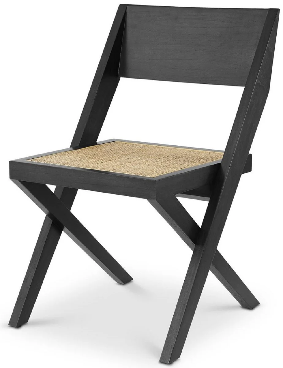 Luxus Esszimmerstuhl Schwarz / Naturfarben 53 x 56 x H. 85 cm - Massivholz Stuhl mit Rattangeflecht - Luxus Esszimmer Möbel