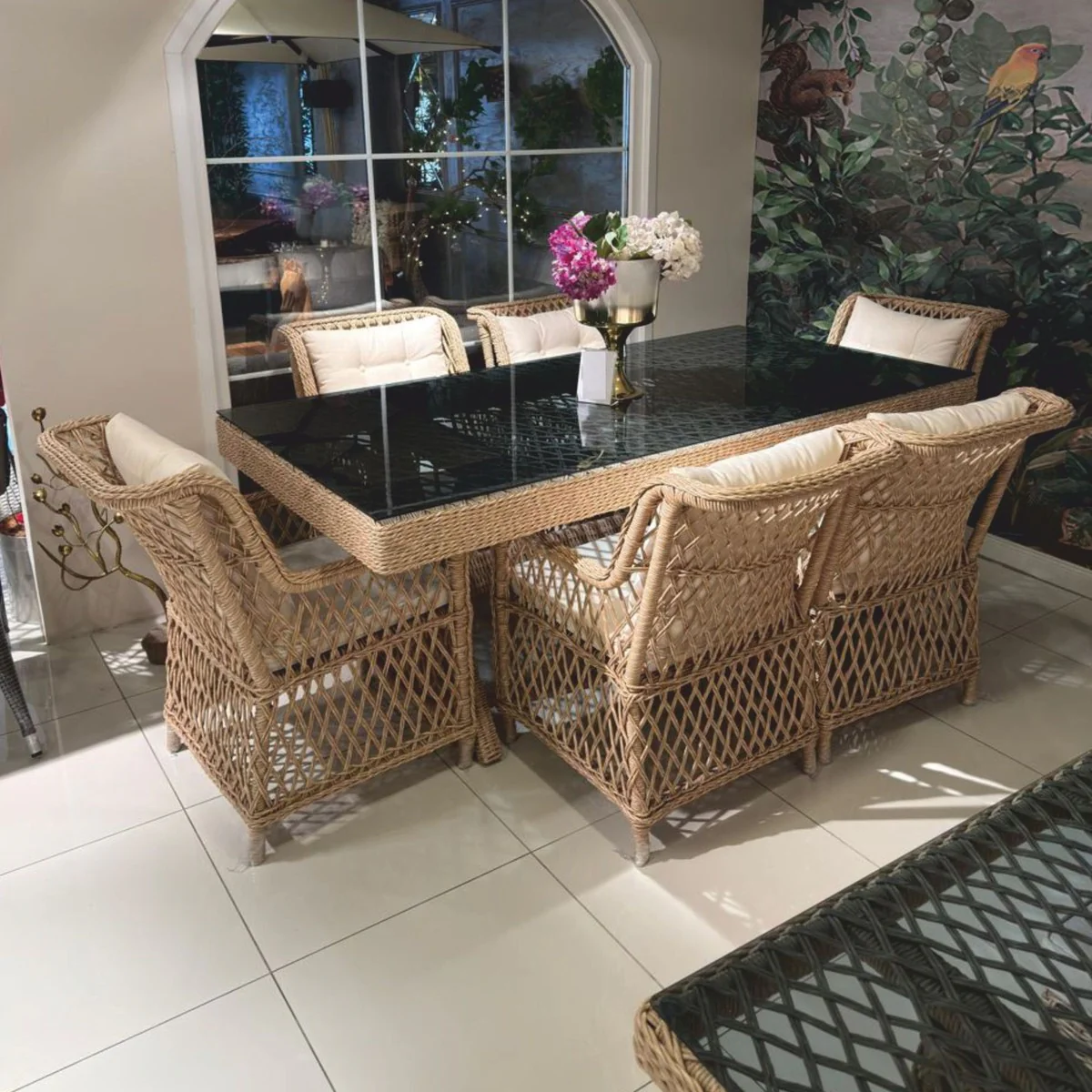 Luxus Rattan Garten Esstisch mit Glasplatte Naturfarben / Grau 200 cm