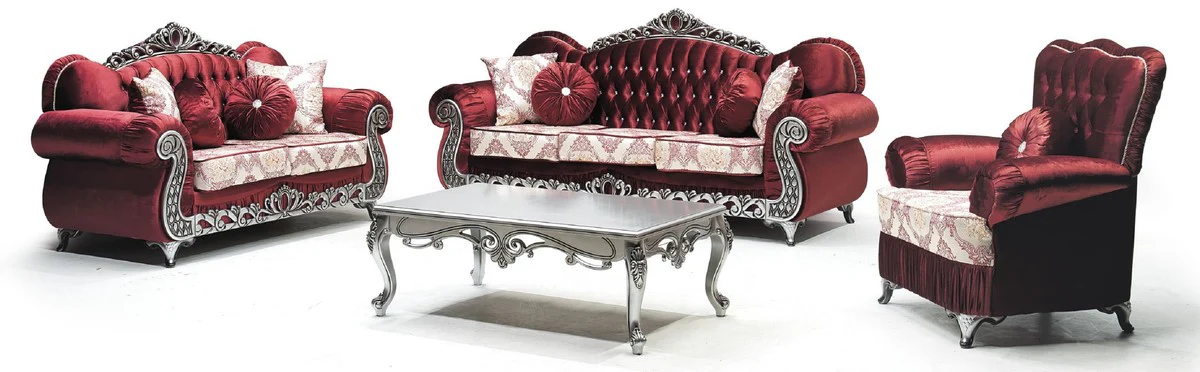 Luxus Barock Sofa Bordeauxrot / Creme / Silber - Prunkvolles Wohnzimmer Sofa mit elegantem Muster und Glitzersteinen - Wohnzimmer Möbel im Barockstil - Barock Möbel - Edel & Prunkvoll