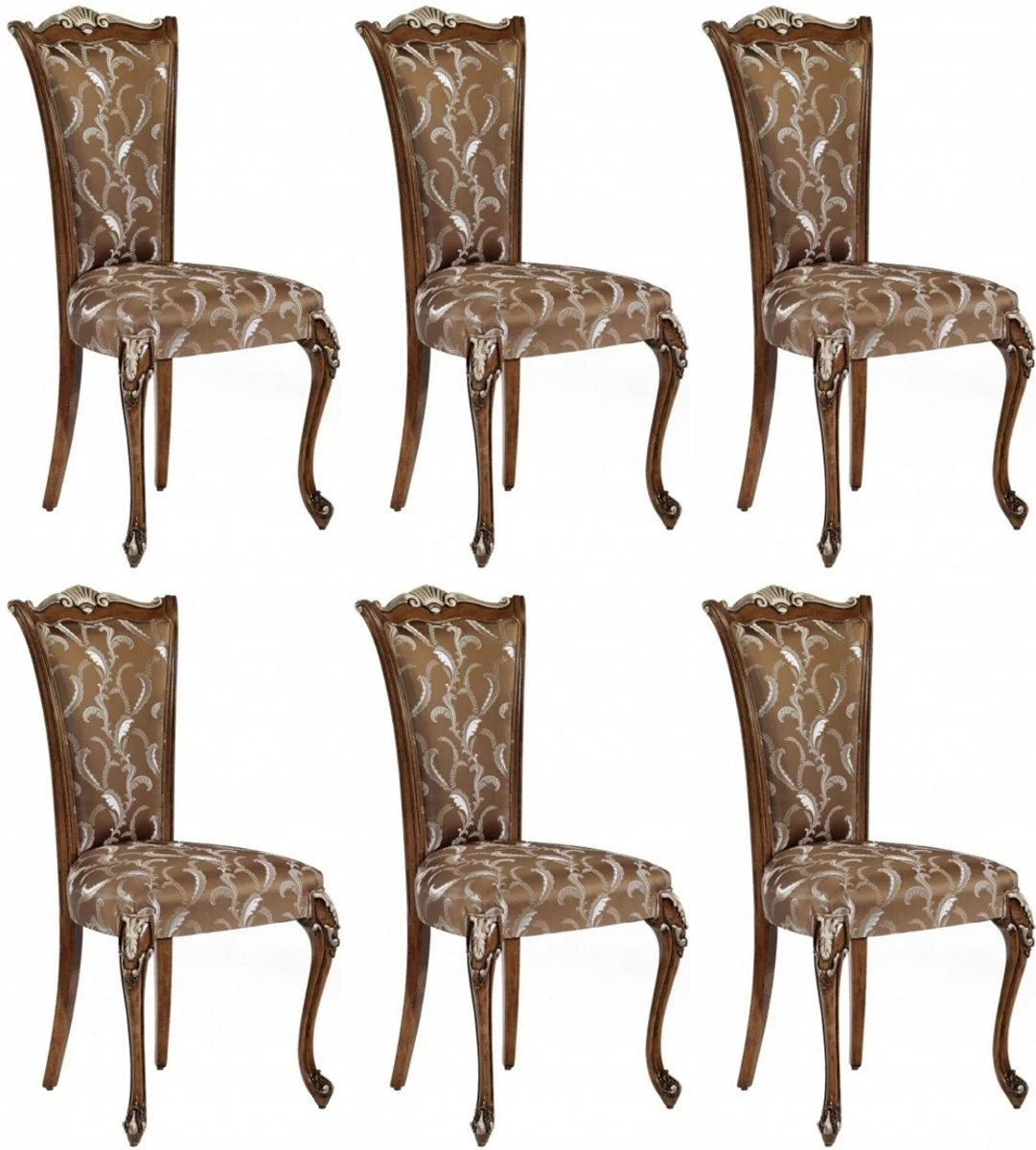 Luxus Barock Esszimmerstuhl Set Braun / Weiß / Silber - Handgefertigtes Küchen Stühle 6er Set - Barock Esszimmer Möbel - Luxus Qualität - Made in Italy
