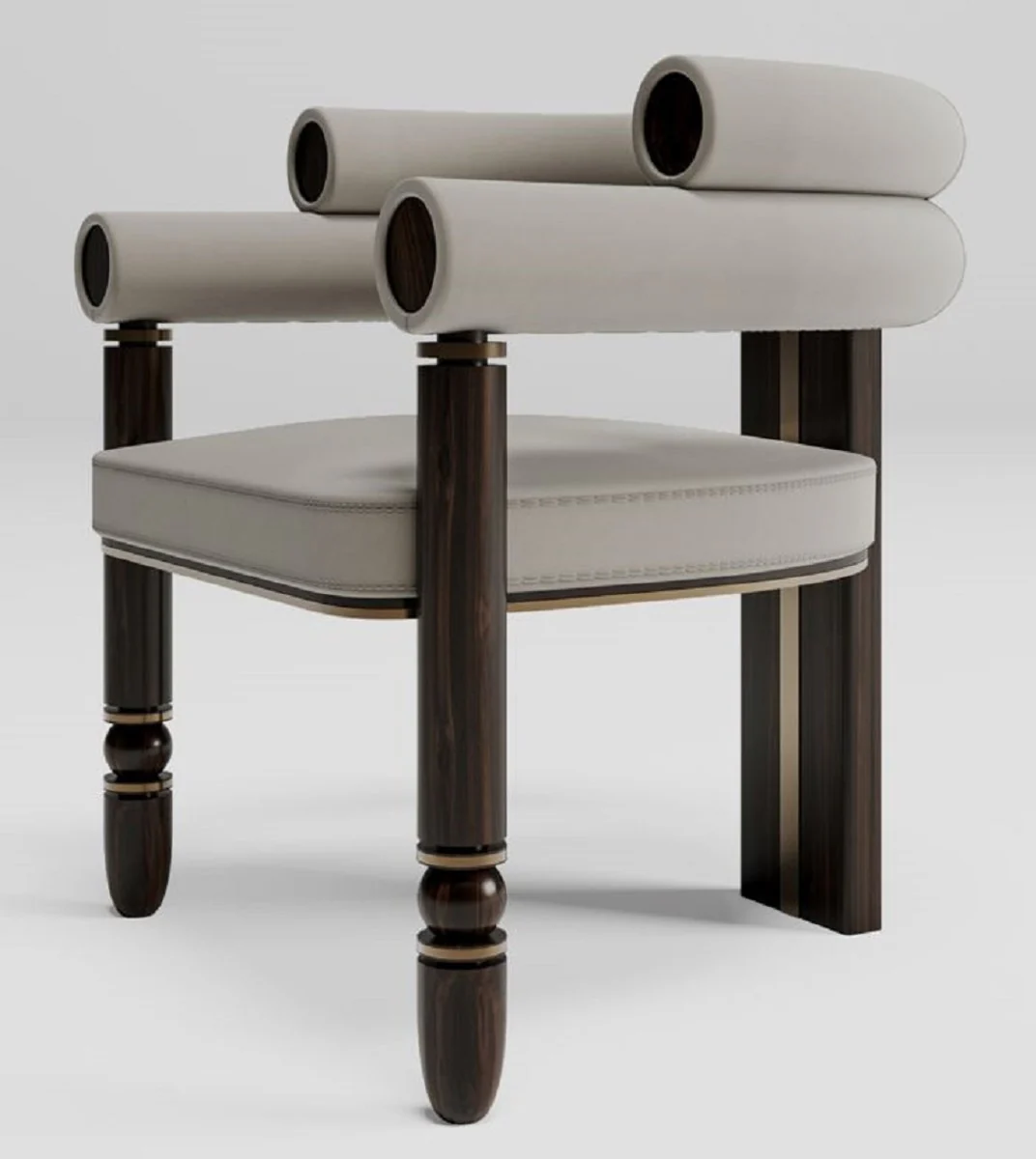 Luxus Samt Esszimmer Stuhl mit Armlehnen Grau / Dunkelbraun / Messing 69 x 63 x H. 72 cm - Küchen Stuhl mit edlem Samtstoff - Esszimmer Möbel - Luxus Möbel