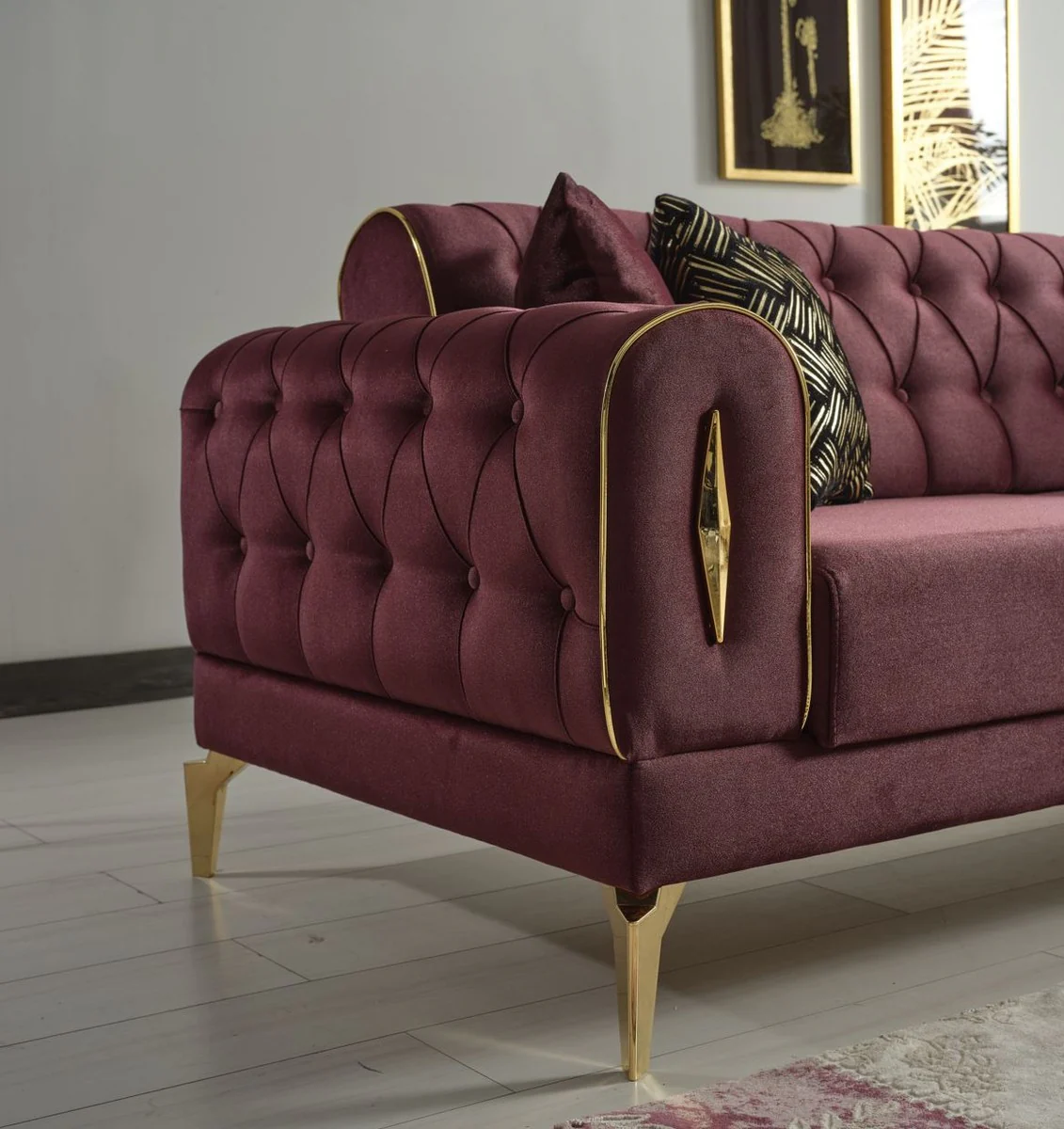 Luxus Schlafsofa Weinrot / Gold 225 x 95 x H. 83 cm - Wohnzimmer Sofa mit 4 Kissen - Luxus Wohnzimmer Möbel