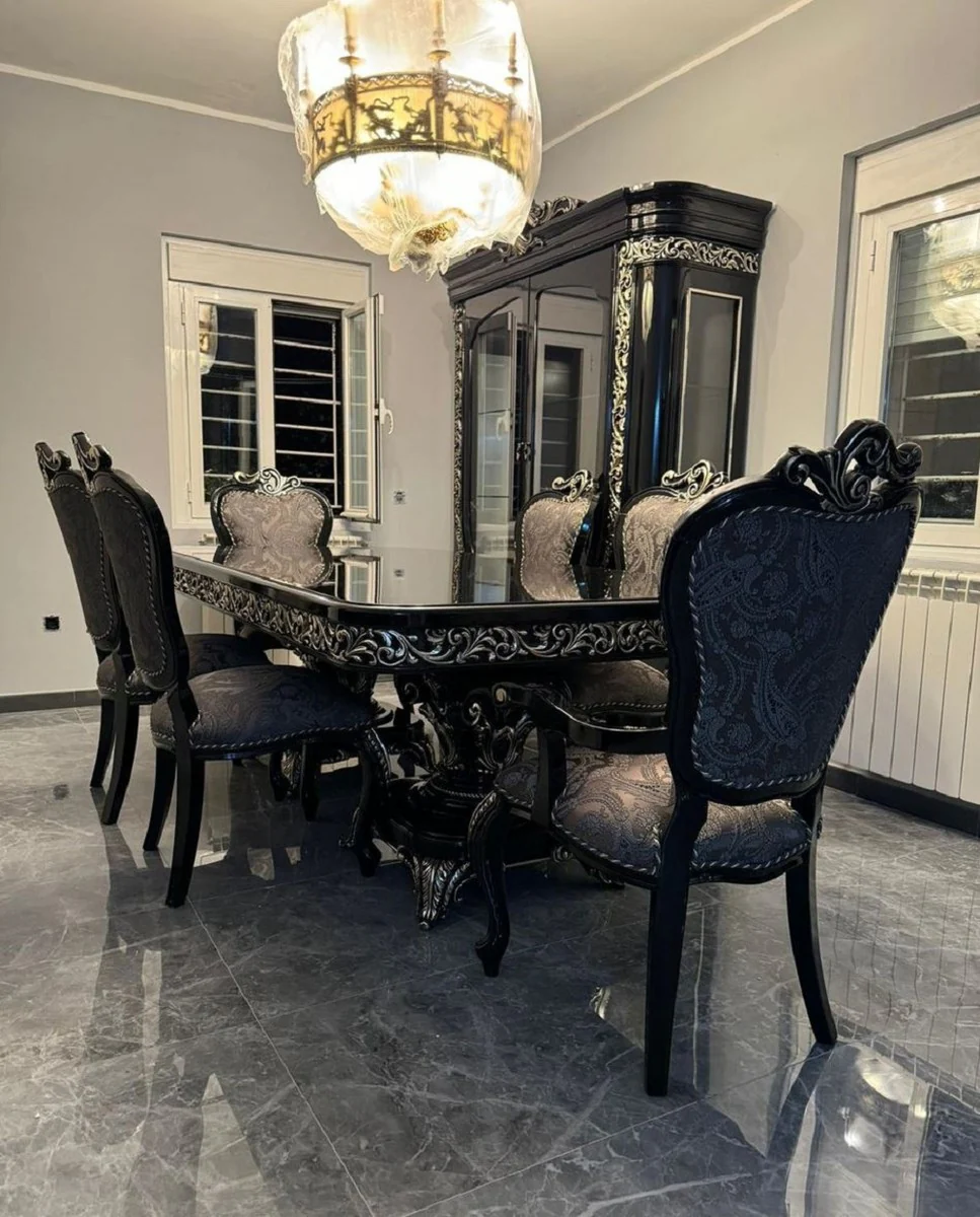 Luxus Barock Esszimmer Set Schwarz / Silber - 1 Barock Esstisch & 6 Barock Esszimmerstühle