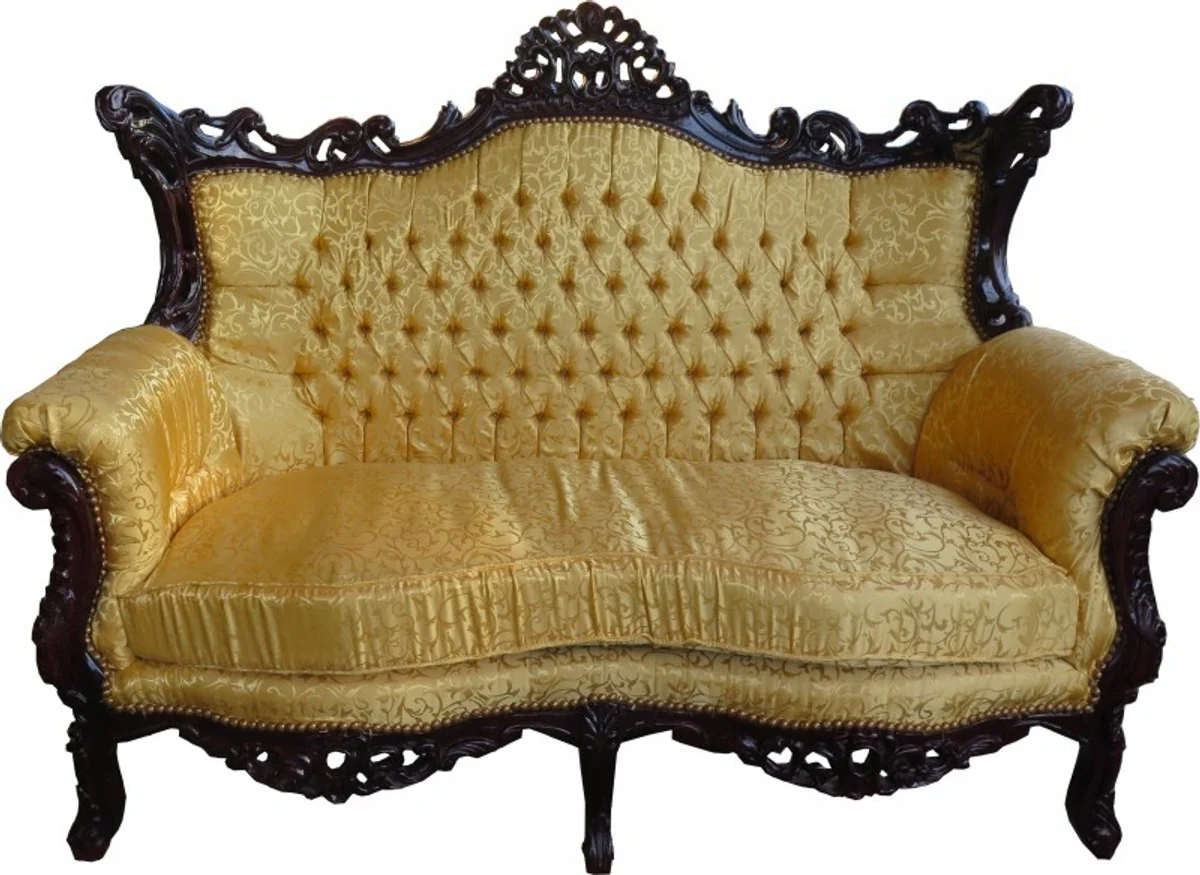 Barock 2-er Sofa Master Gold Muster / Mahagoni Braun - Antik Stil Wohnzimmer Möbel